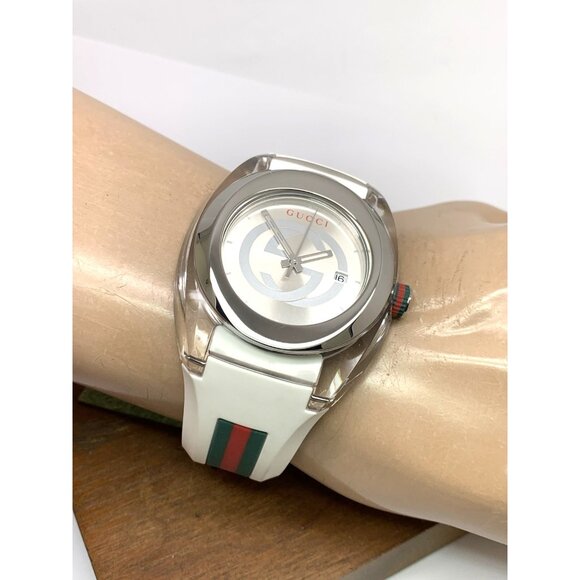 GUCCI Men's Watch SYNC YA137102 Swiss Quartz Clear Case White Rubber Band 46mm - Picture 6 of 14